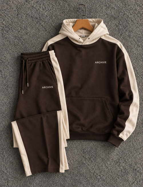 Ensemble ARCHIVE chocolat et crème avec sweat à capuche et pantalon à bandes contrastées