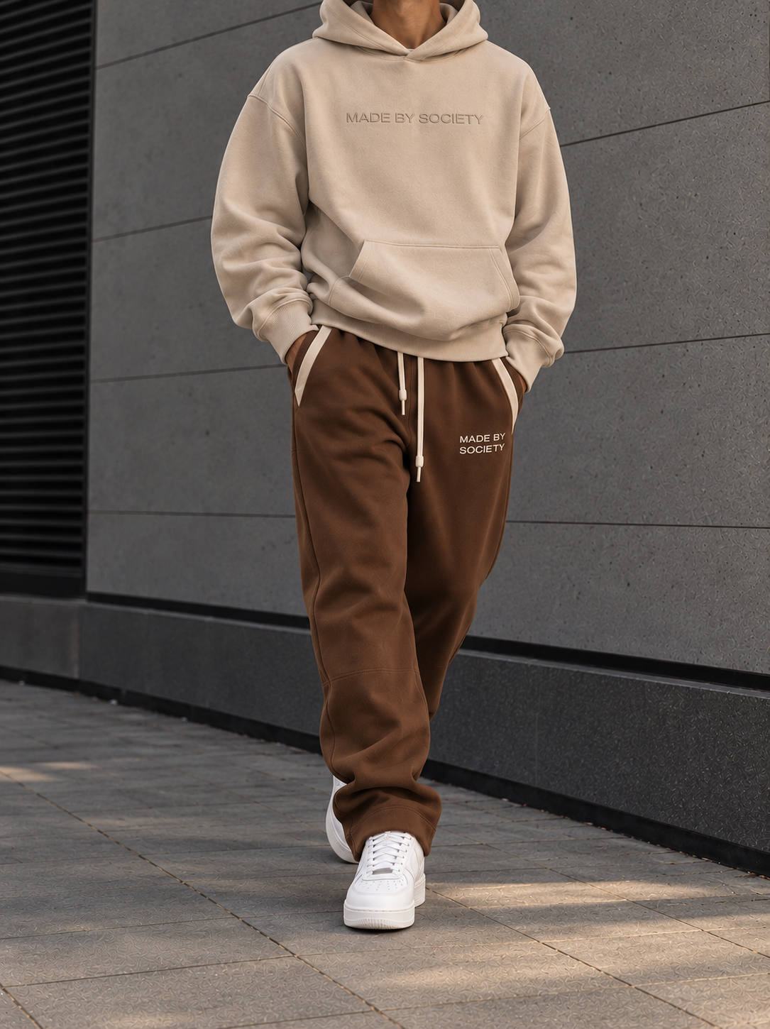 Beige Hoodie & Brown Sweatpants Set